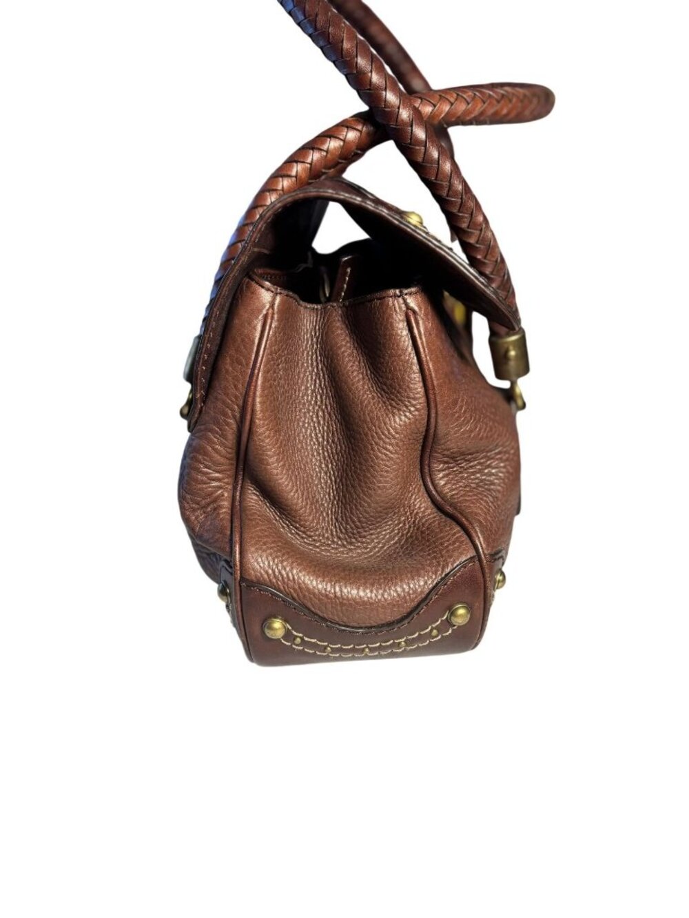 Vintage Rare Michael Kors Brown Leather Satchel Bag Braided Handles & Brass - Picture 4 of 16